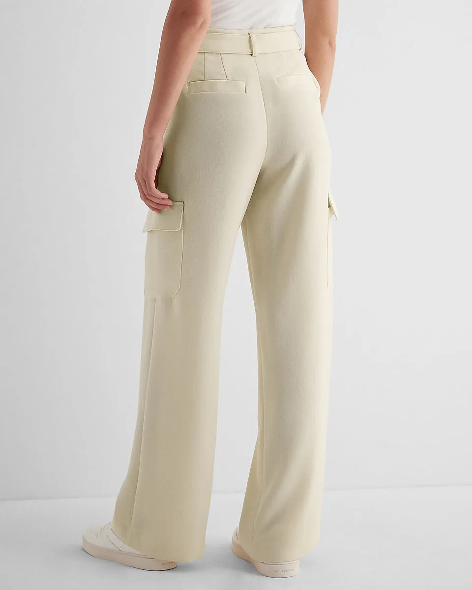 High Waisted Pleated Belted Utility Trouser Pant in Sandshell