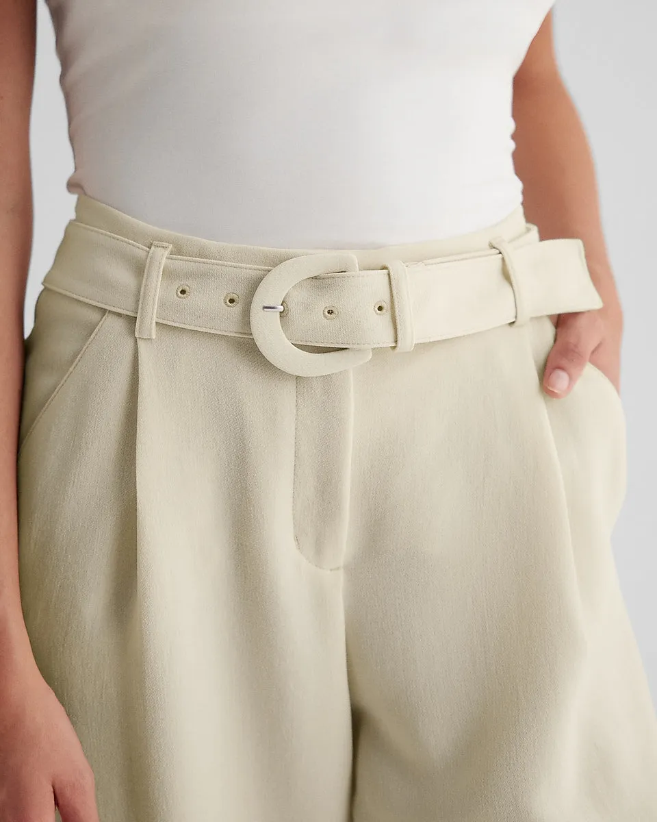 High Waisted Pleated Belted Utility Trouser Pant in Sandshell