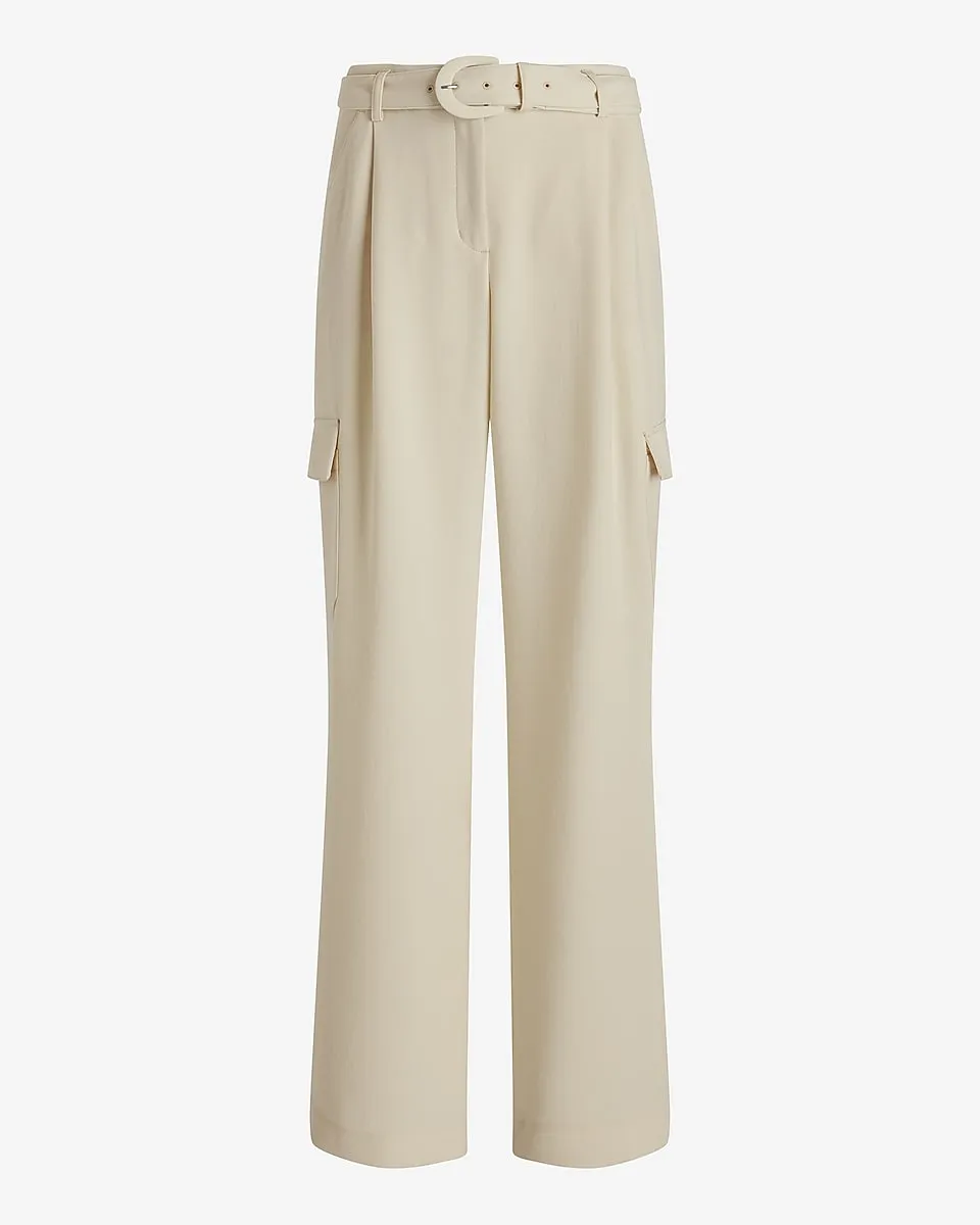 High Waisted Pleated Belted Utility Trouser Pant in Sandshell