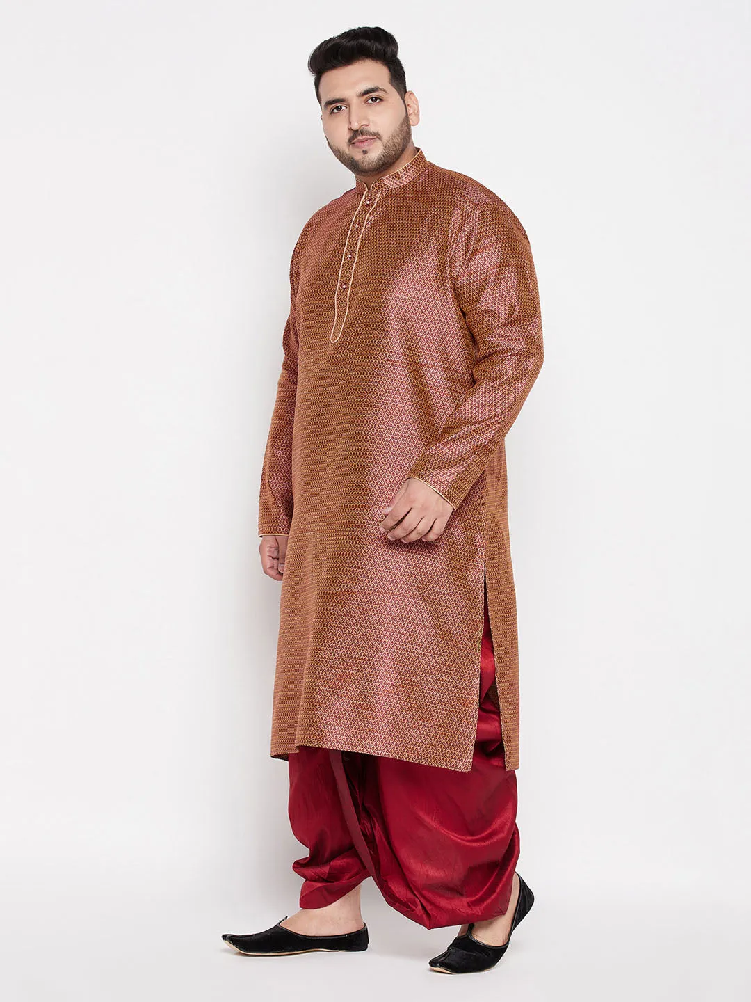Jashvi Men's Plus Size Maroon Woven Kurta And Maroon Dhoti Set