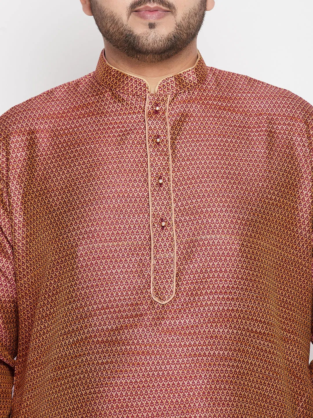 Jashvi Men's Plus Size Maroon Woven Kurta And Maroon Dhoti Set