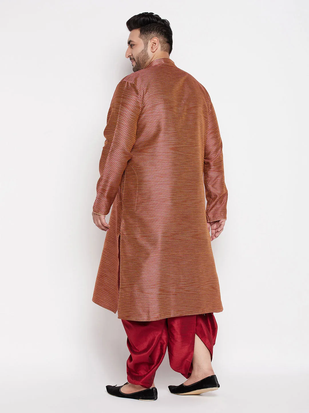 Jashvi Men's Plus Size Maroon Woven Kurta And Maroon Dhoti Set
