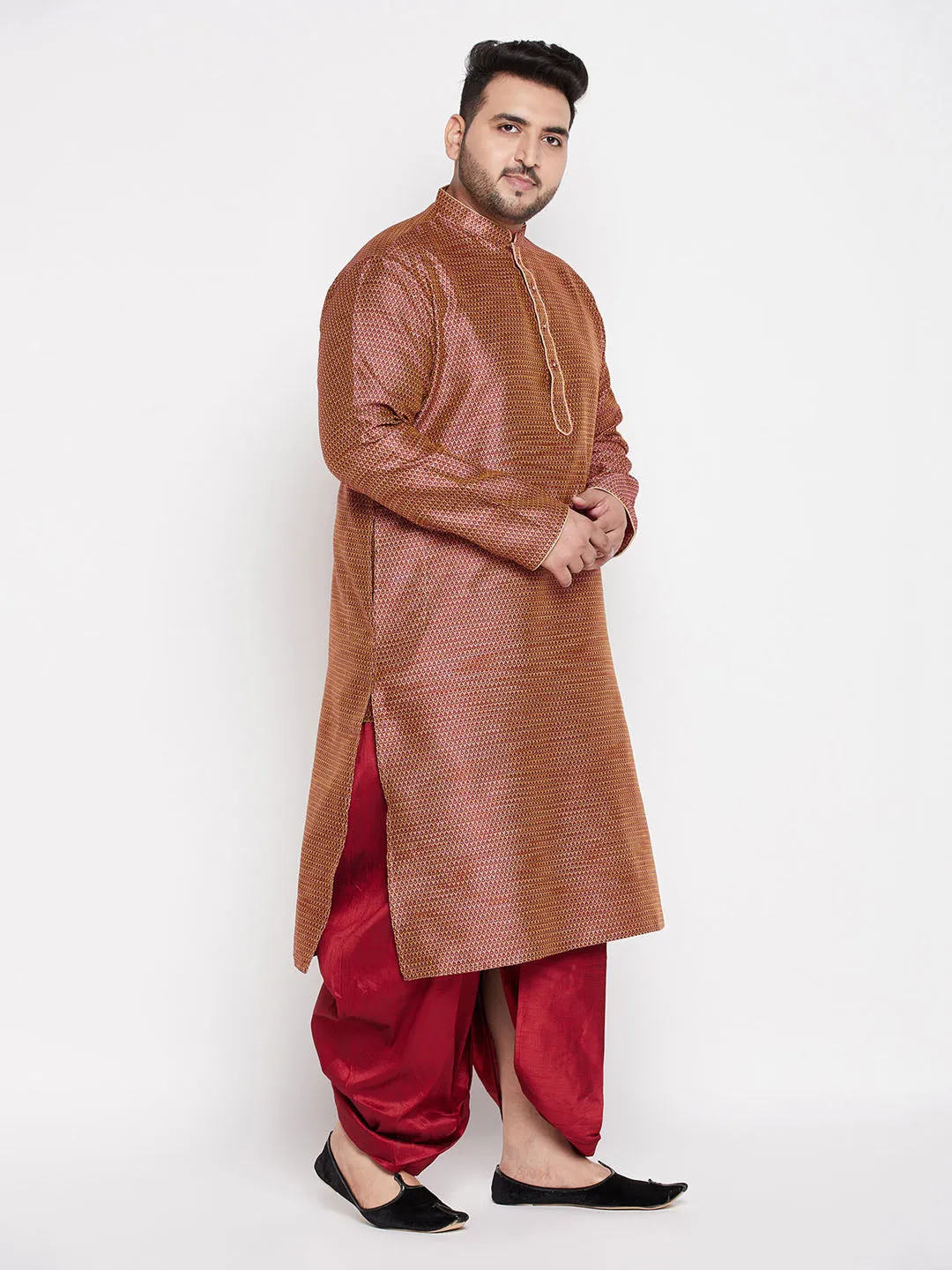 Jashvi Men's Plus Size Maroon Woven Kurta And Maroon Dhoti Set