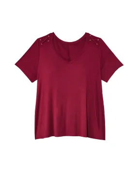 Joy Short Sleeve Tunic Tee with Grommet Shoulders | Burgundy