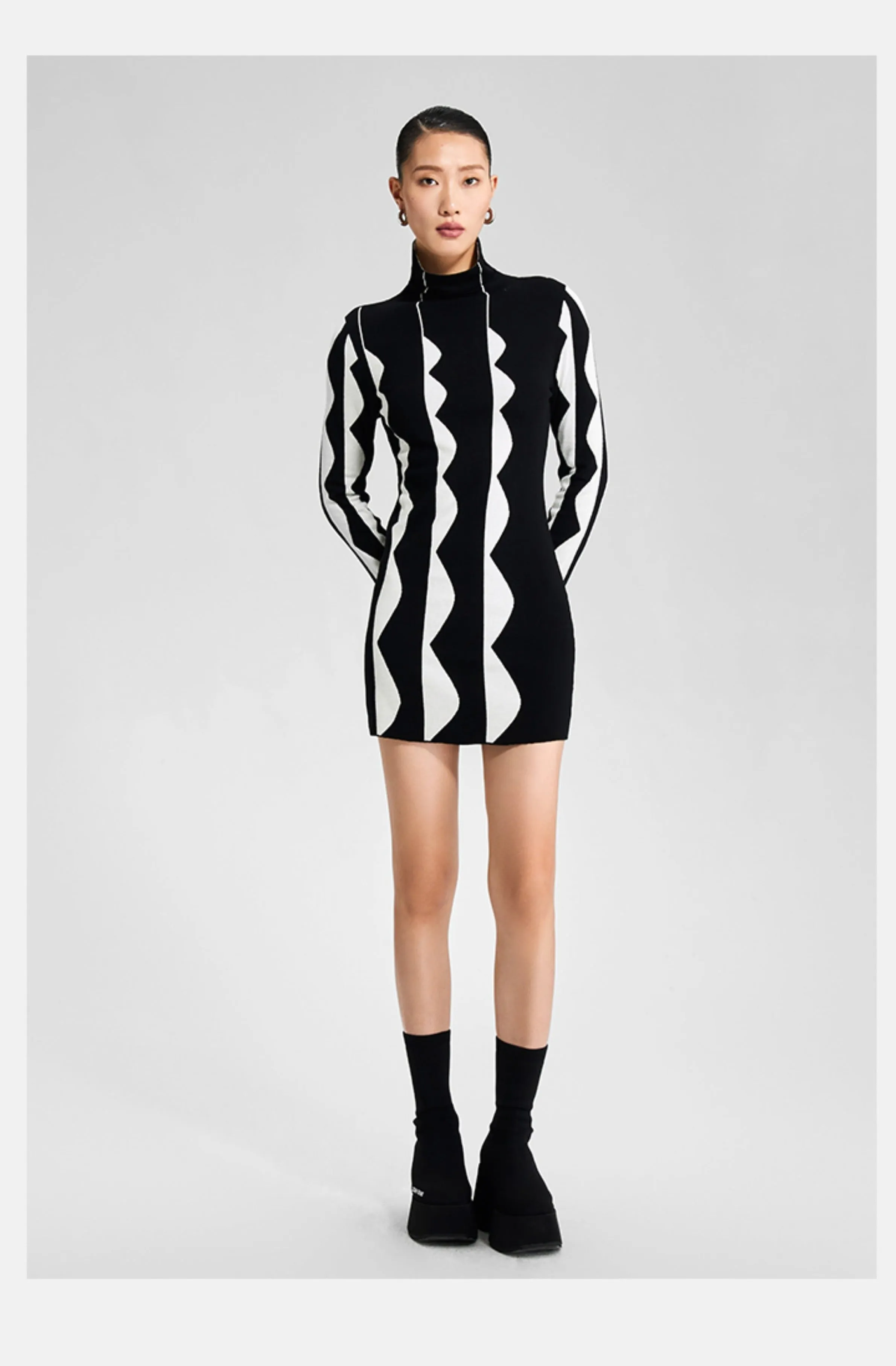 LEDI W MIDI turtkeneck sweater fall winter black white short knit dress - Lugaa