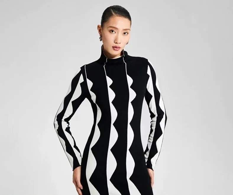 LEDI W MIDI turtkeneck sweater fall winter black white short knit dress - Lugaa