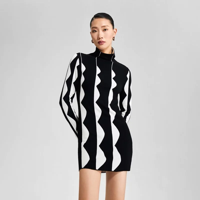 LEDI W MIDI turtkeneck sweater fall winter black white short knit dress - Lugaa