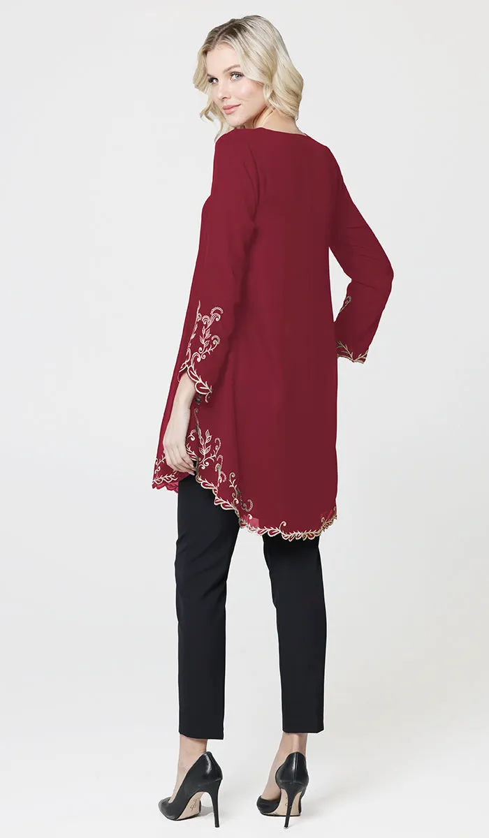Meena Chiffon Formal Embroidered Long Modest Tunic - Maroon - PREORDER (ships in 2 weeks)