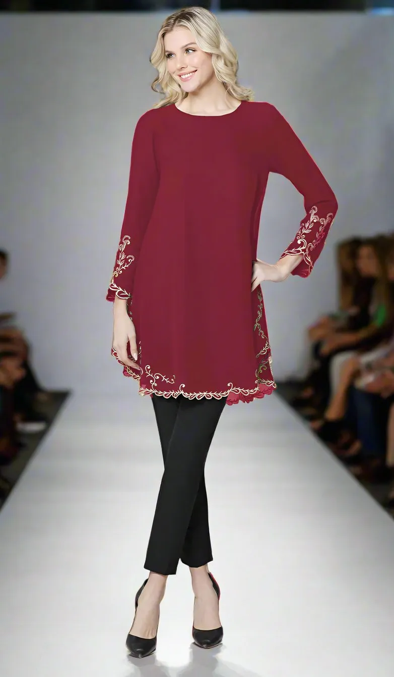 Meena Chiffon Formal Embroidered Long Modest Tunic - Maroon - PREORDER (ships in 2 weeks)