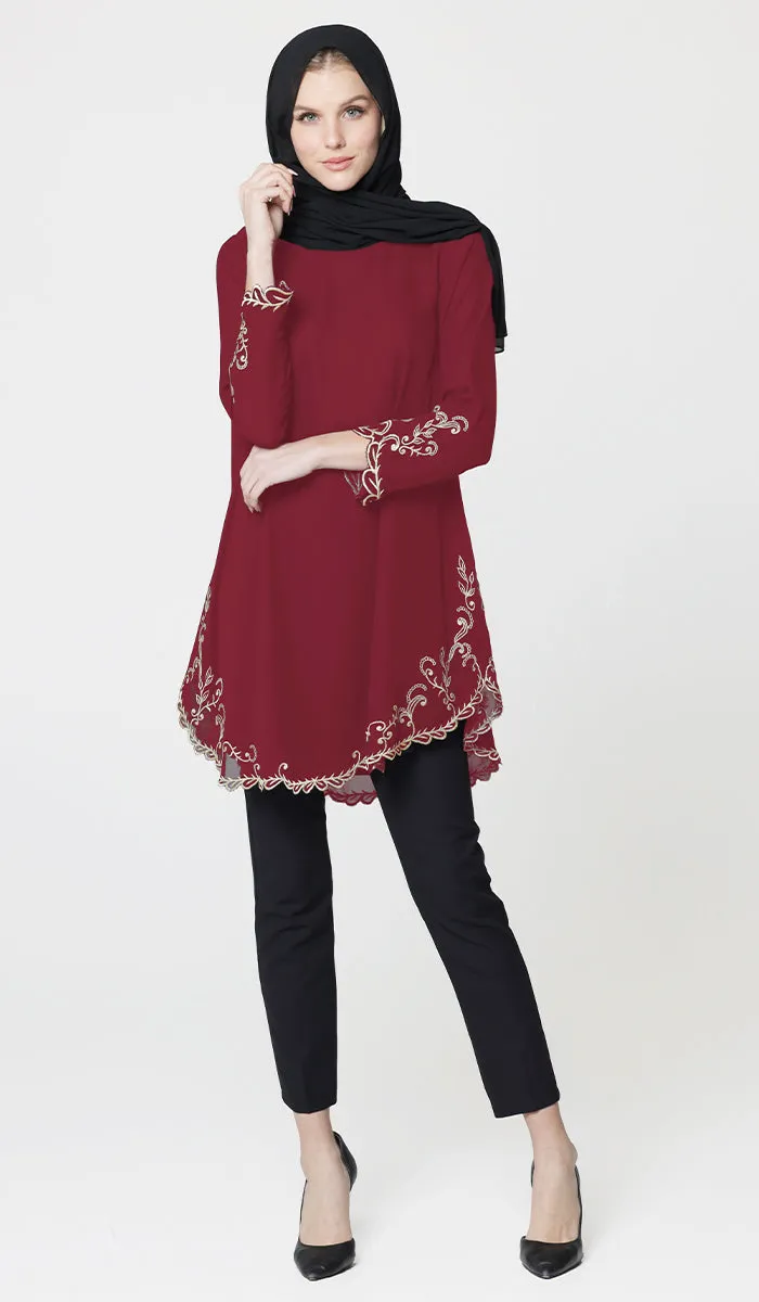 Meena Chiffon Formal Embroidered Long Modest Tunic - Maroon - PREORDER (ships in 2 weeks)