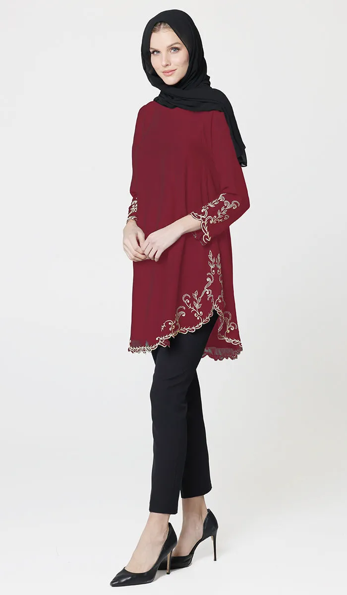 Meena Chiffon Formal Embroidered Long Modest Tunic - Maroon - PREORDER (ships in 2 weeks)