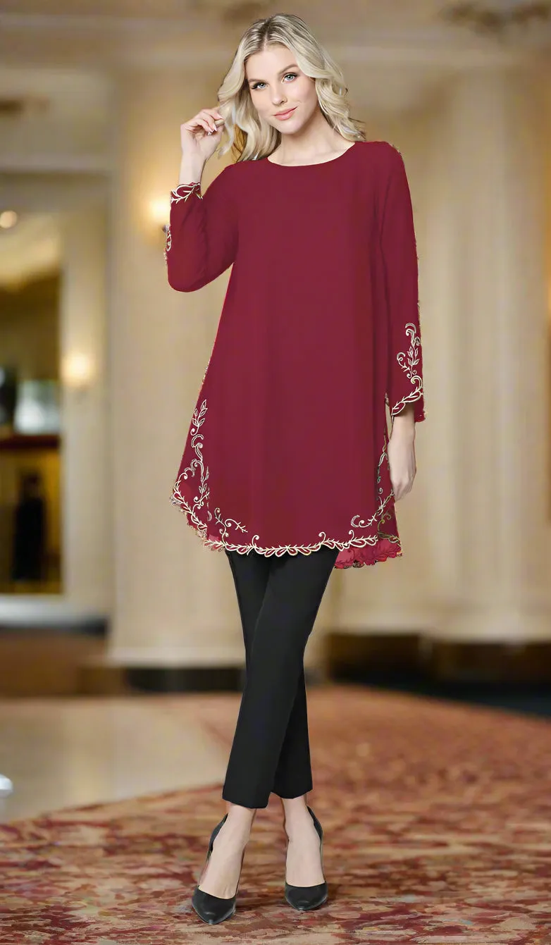 Meena Chiffon Formal Embroidered Long Modest Tunic - Maroon - PREORDER (ships in 2 weeks)