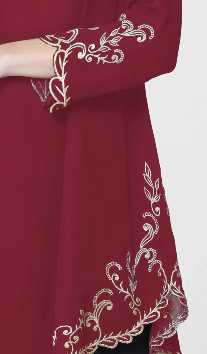 Meena Chiffon Formal Embroidered Long Modest Tunic - Maroon - PREORDER (ships in 2 weeks)
