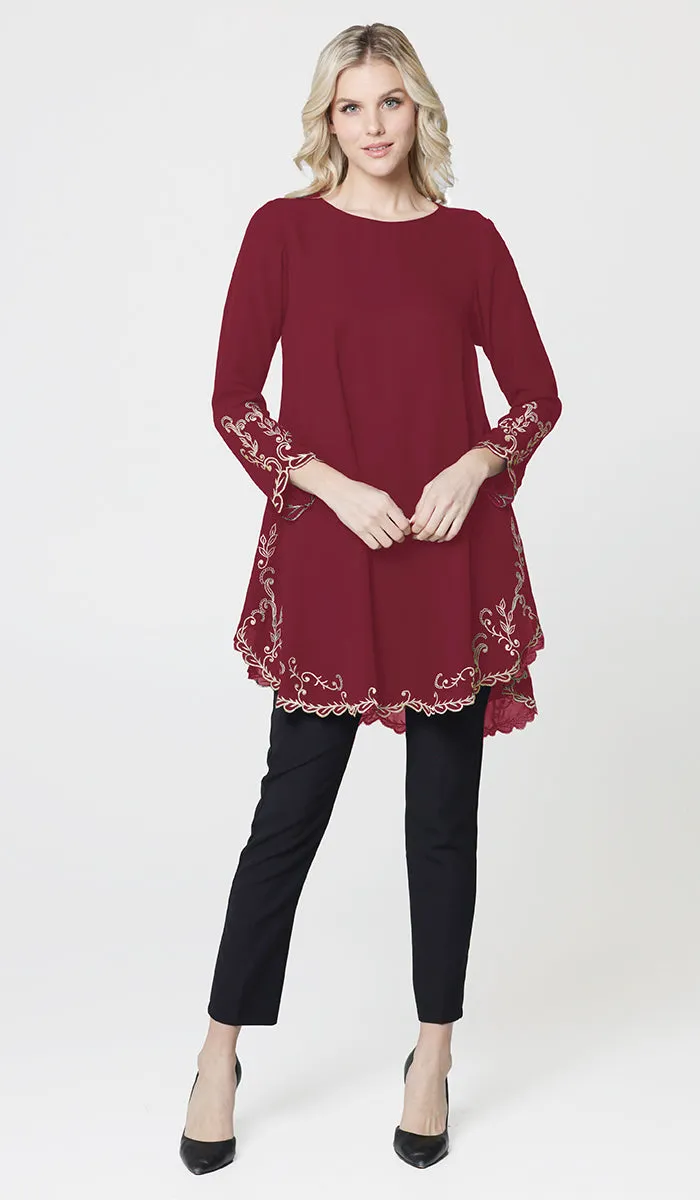 Meena Chiffon Formal Embroidered Long Modest Tunic - Maroon - PREORDER (ships in 2 weeks)