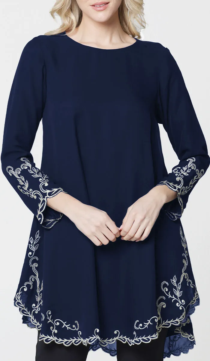 Meena Chiffon Formal Embroidered Long Modest Tunic - Navy Blue - PREORDER (ships in 2 weeks)