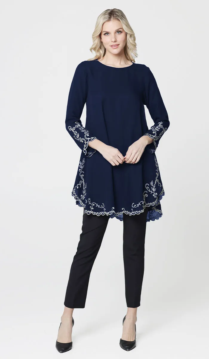 Meena Chiffon Formal Embroidered Long Modest Tunic - Navy Blue - PREORDER (ships in 2 weeks)