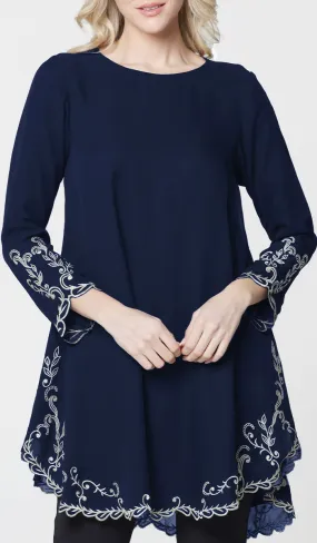 Meena Chiffon Formal Embroidered Long Modest Tunic - Navy Blue - PREORDER (ships in 2 weeks)