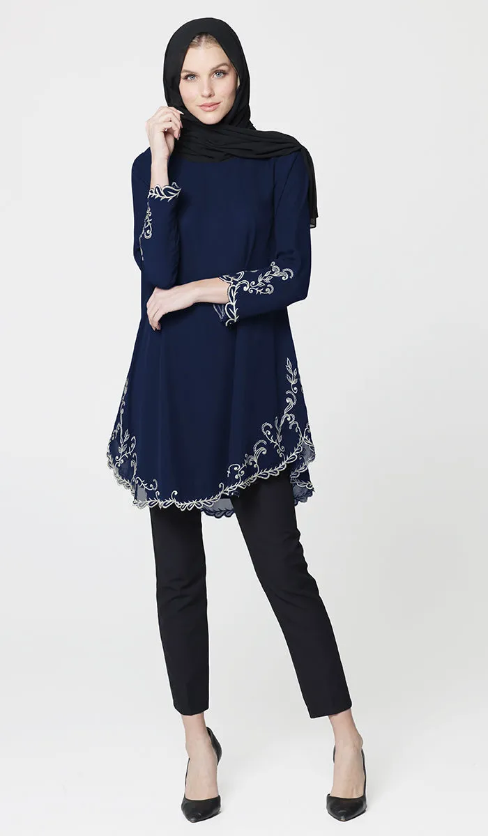 Meena Chiffon Formal Embroidered Long Modest Tunic - Navy Blue - PREORDER (ships in 2 weeks)