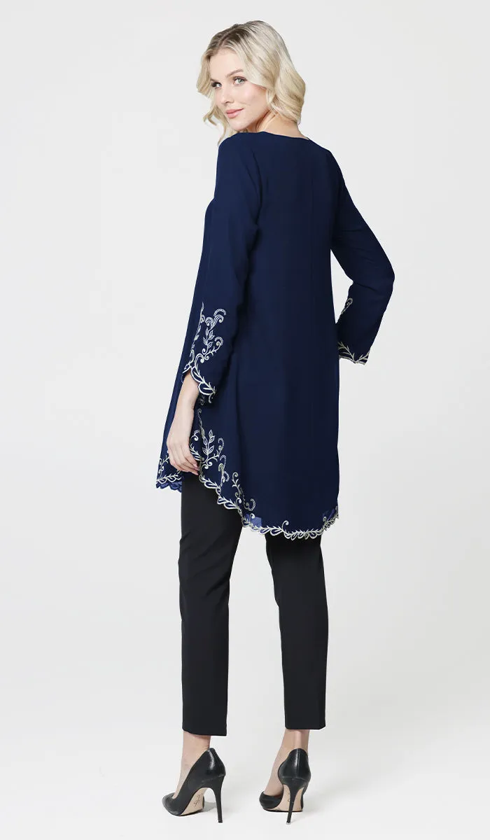 Meena Chiffon Formal Embroidered Long Modest Tunic - Navy Blue - PREORDER (ships in 2 weeks)