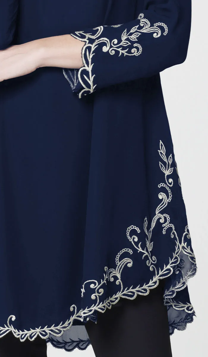 Meena Chiffon Formal Embroidered Long Modest Tunic - Navy Blue - PREORDER (ships in 2 weeks)