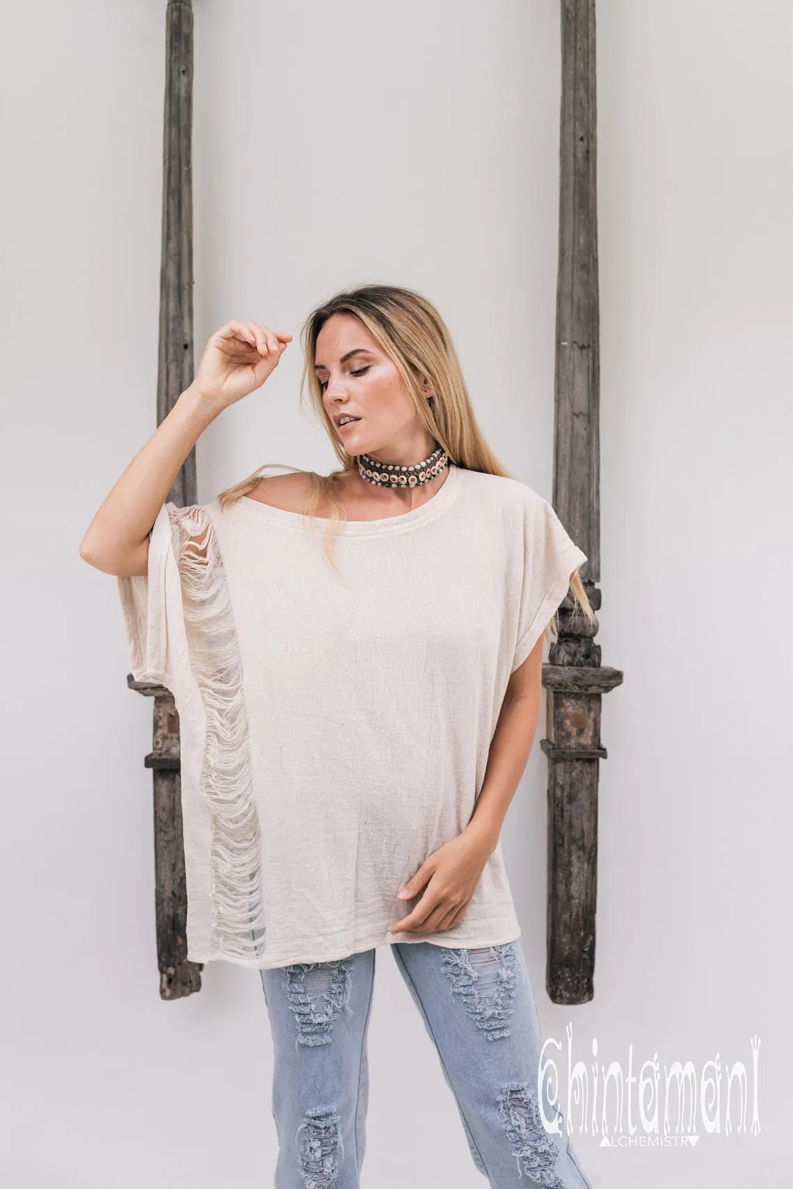 Oversized Raw Cotton Boho Top / Ripped Tshirt / Off White