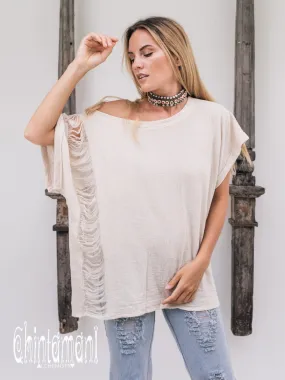 Oversized Raw Cotton Boho Top / Ripped Tshirt / Off White