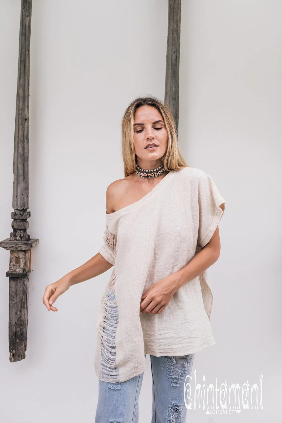 Oversized Raw Cotton Boho Top / Ripped Tshirt / Off White