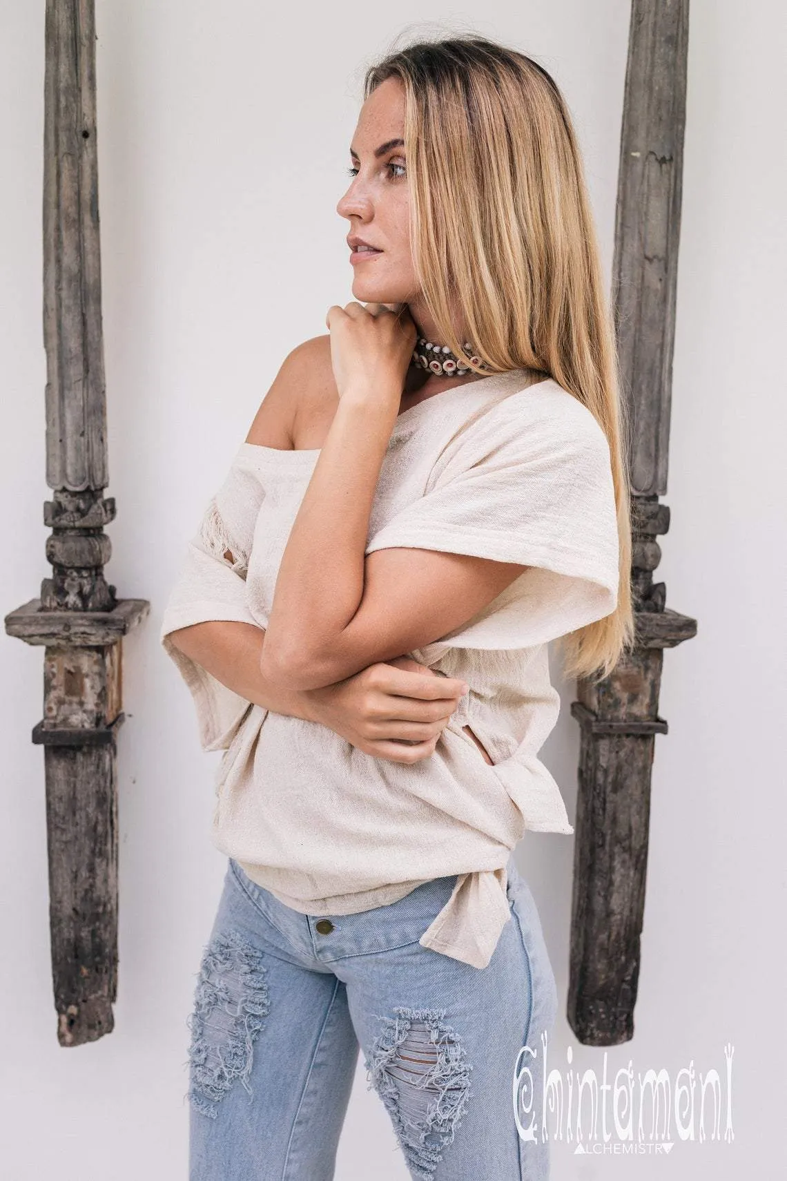 Oversized Raw Cotton Boho Top / Ripped Tshirt / Off White
