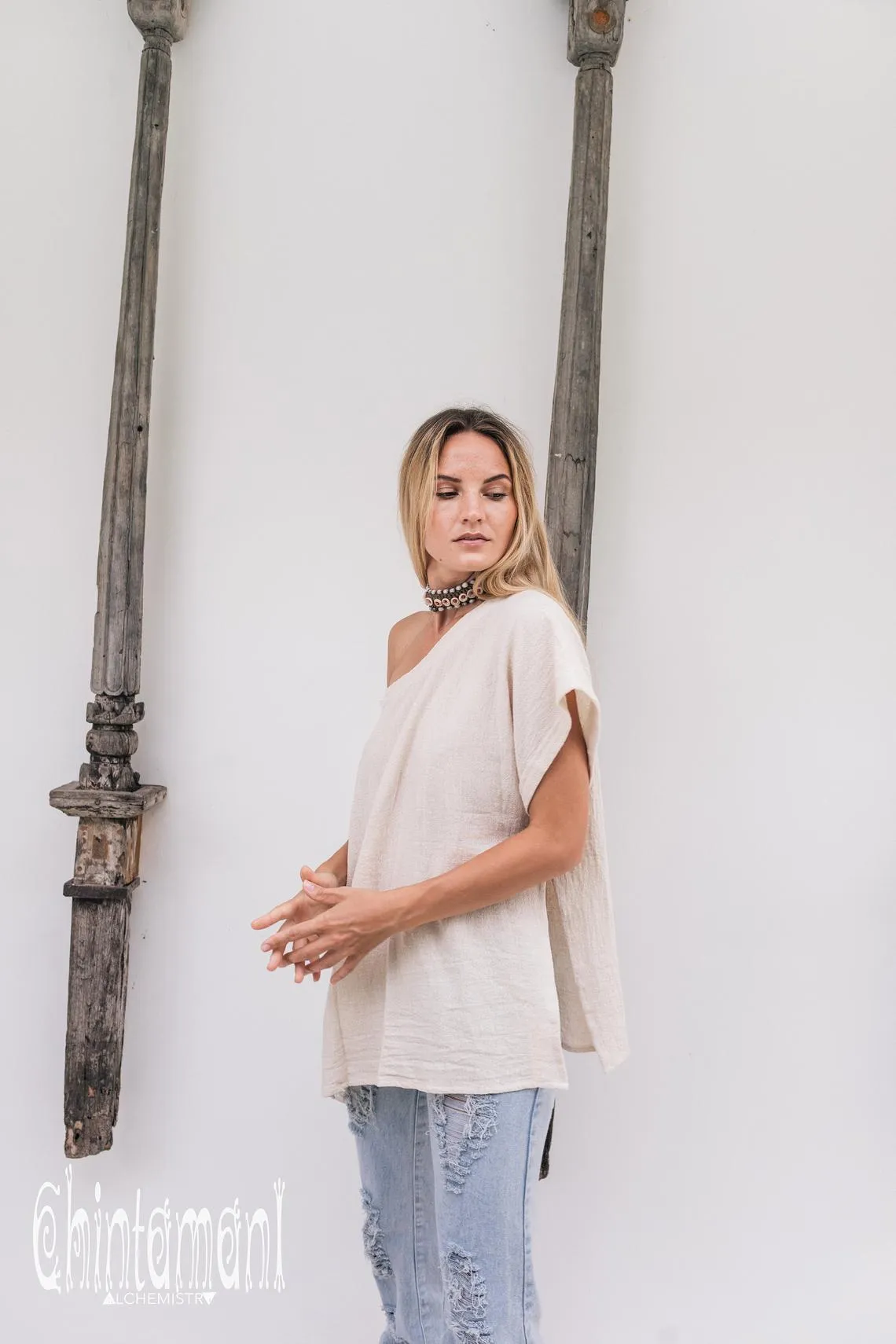 Oversized Raw Cotton Boho Top / Ripped Tshirt / Off White