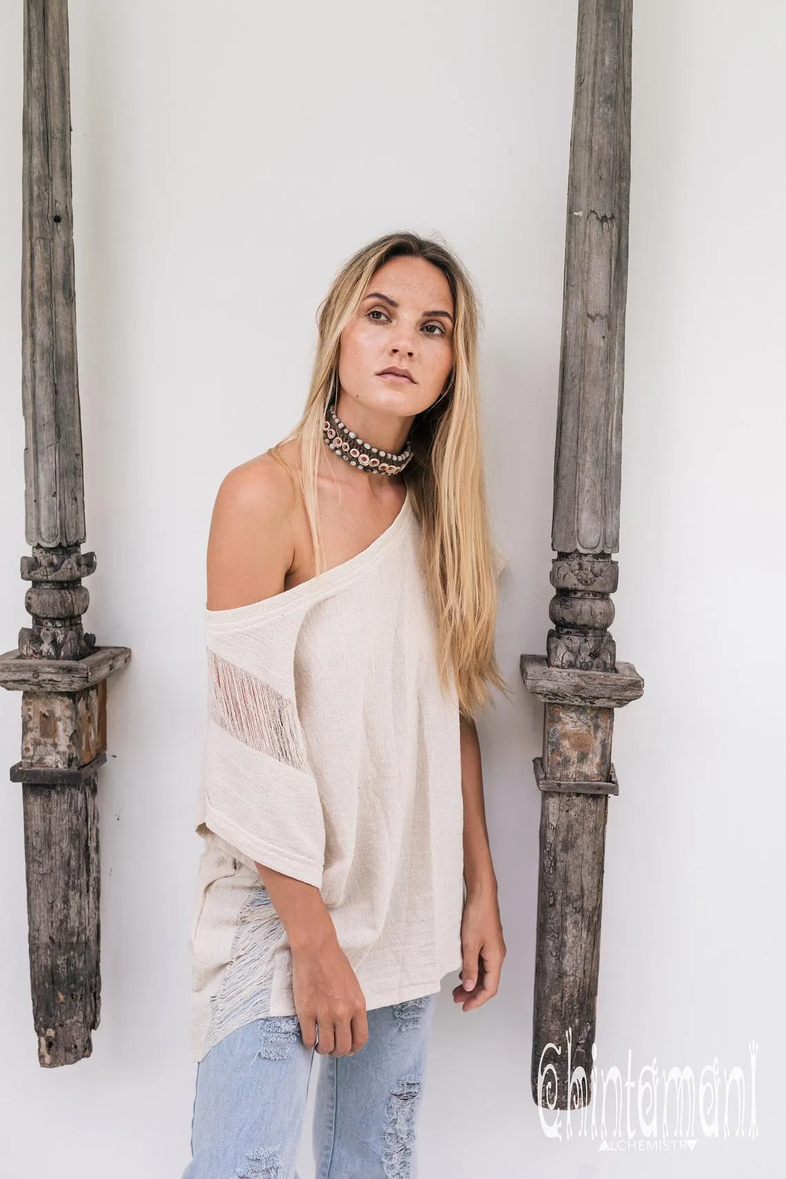 Oversized Raw Cotton Boho Top / Ripped Tshirt / Off White