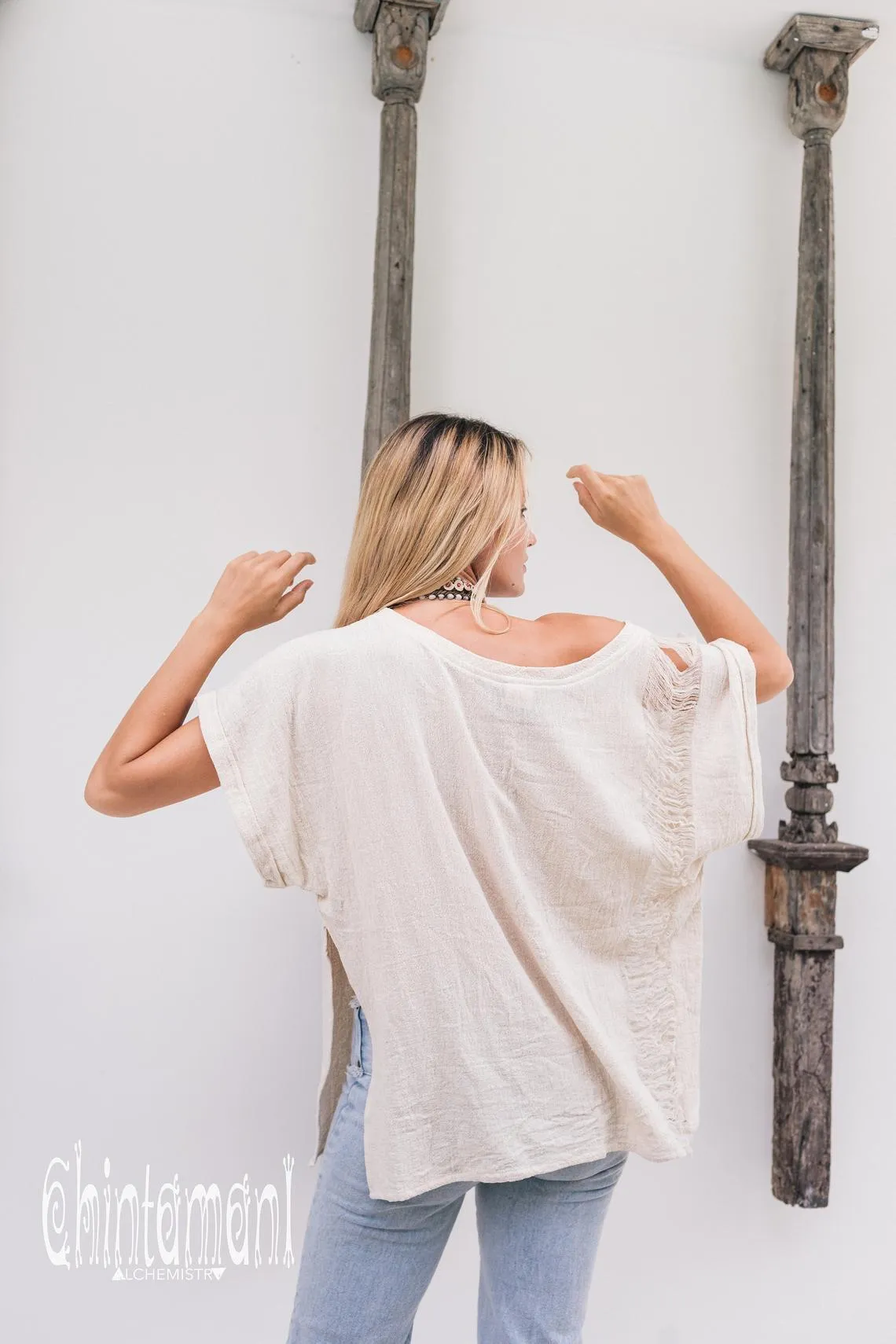 Oversized Raw Cotton Boho Top / Ripped Tshirt / Off White