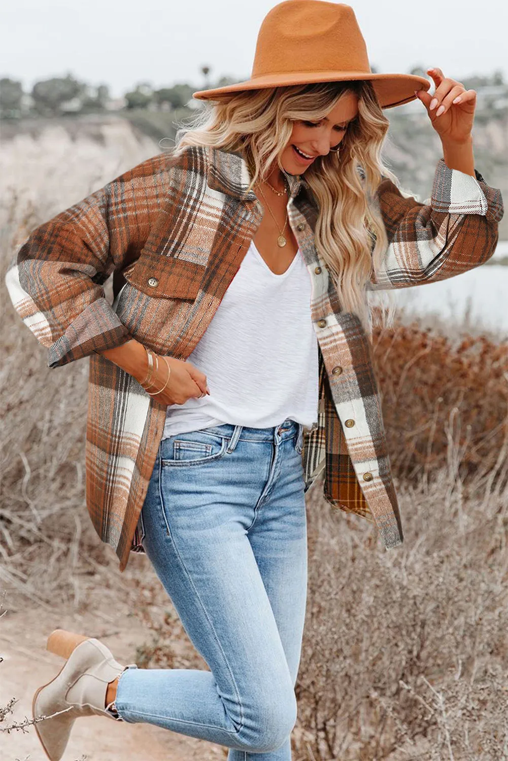 Pink Black/Pink Plaid Flap Pockets Shacket