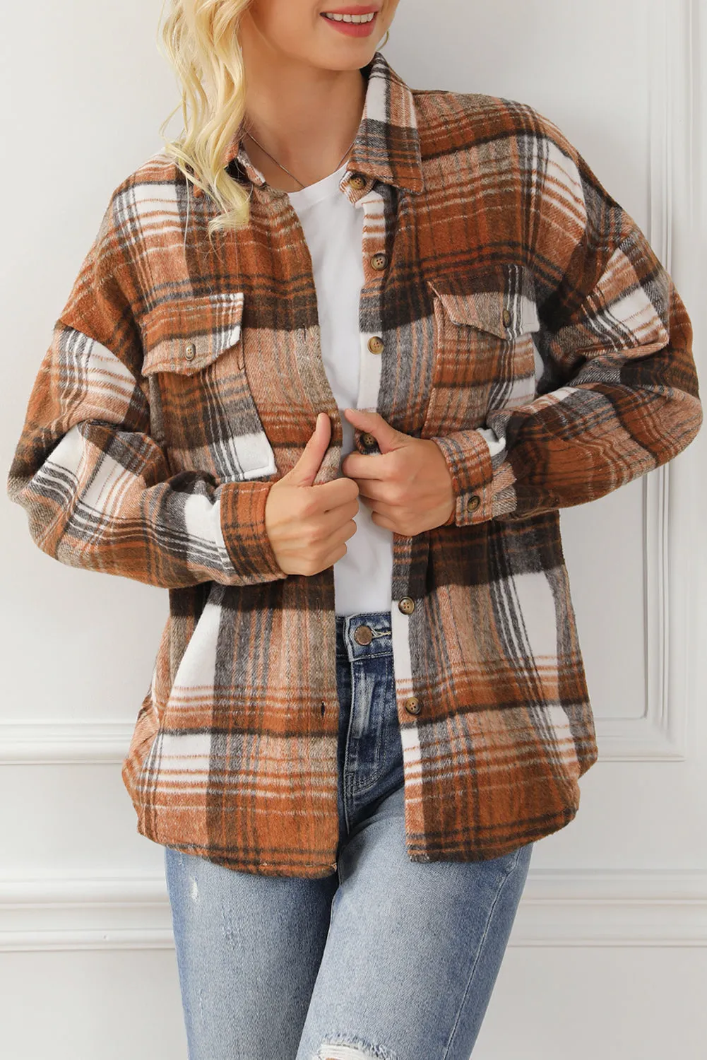 Pink Black/Pink Plaid Flap Pockets Shacket