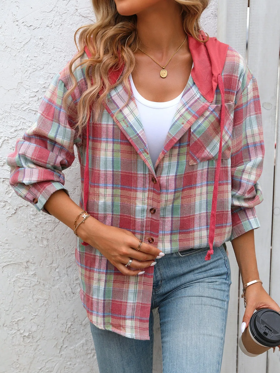 Plaid Long Sleeve Hooded Jacket - 5 Colors