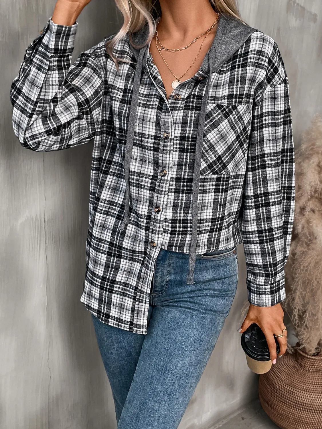 Plaid Long Sleeve Hooded Jacket - 5 Colors