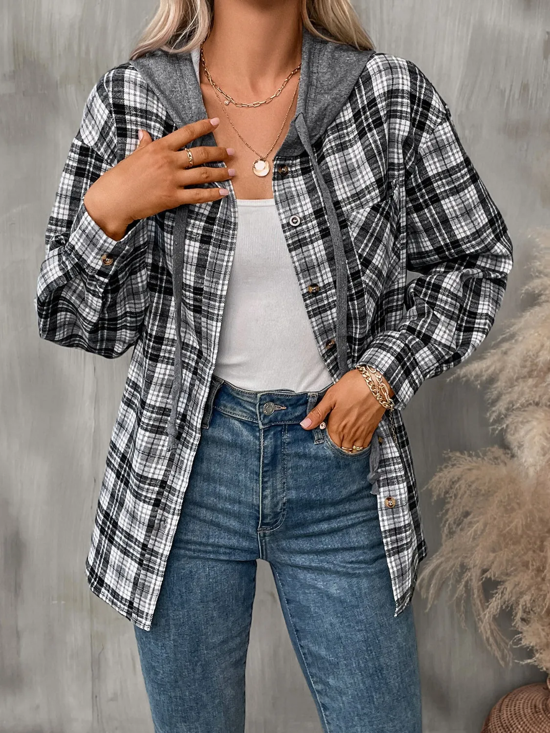 Plaid Long Sleeve Hooded Jacket - 5 Colors