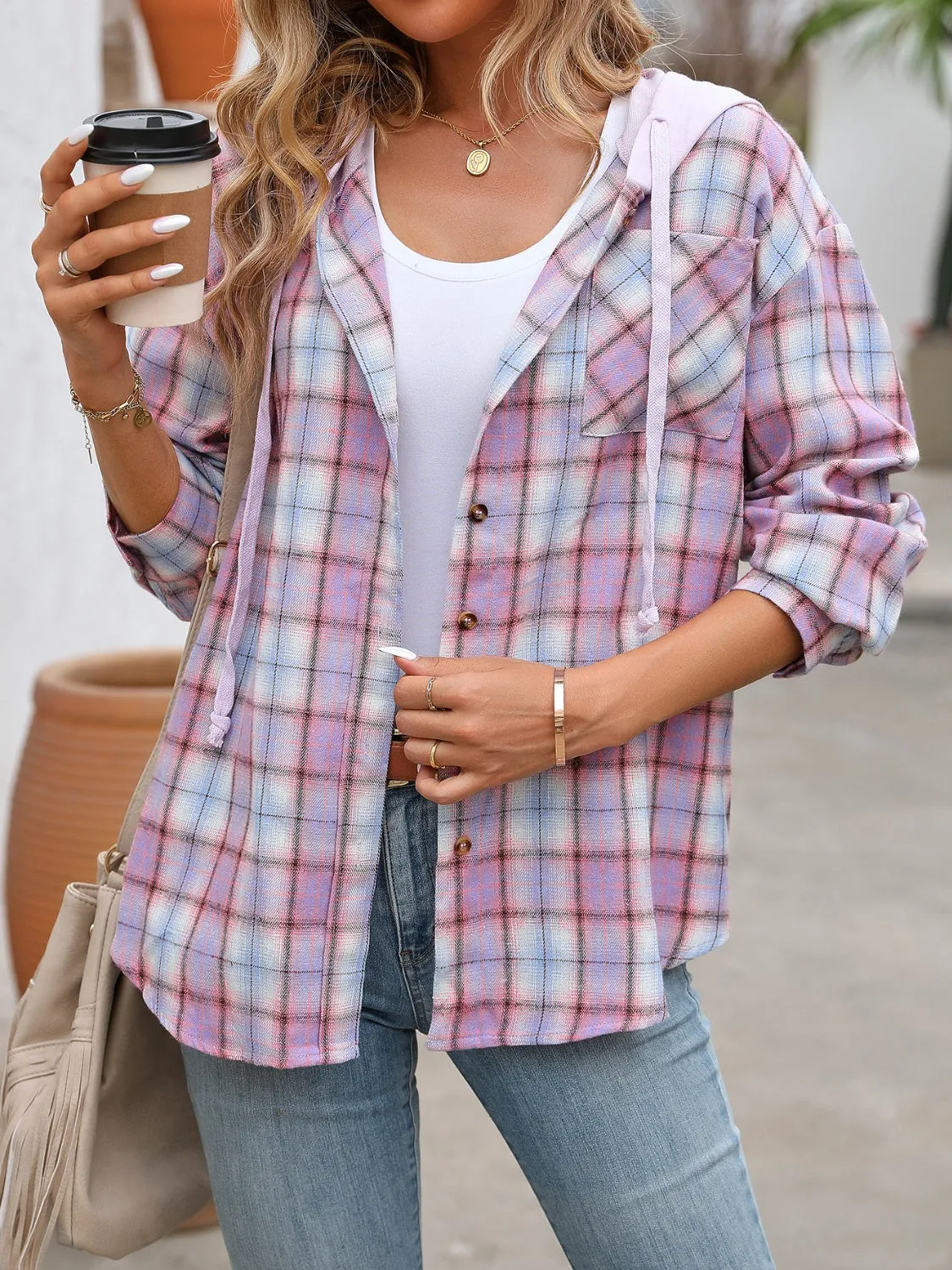 Plaid Long Sleeve Hooded Jacket - 5 Colors