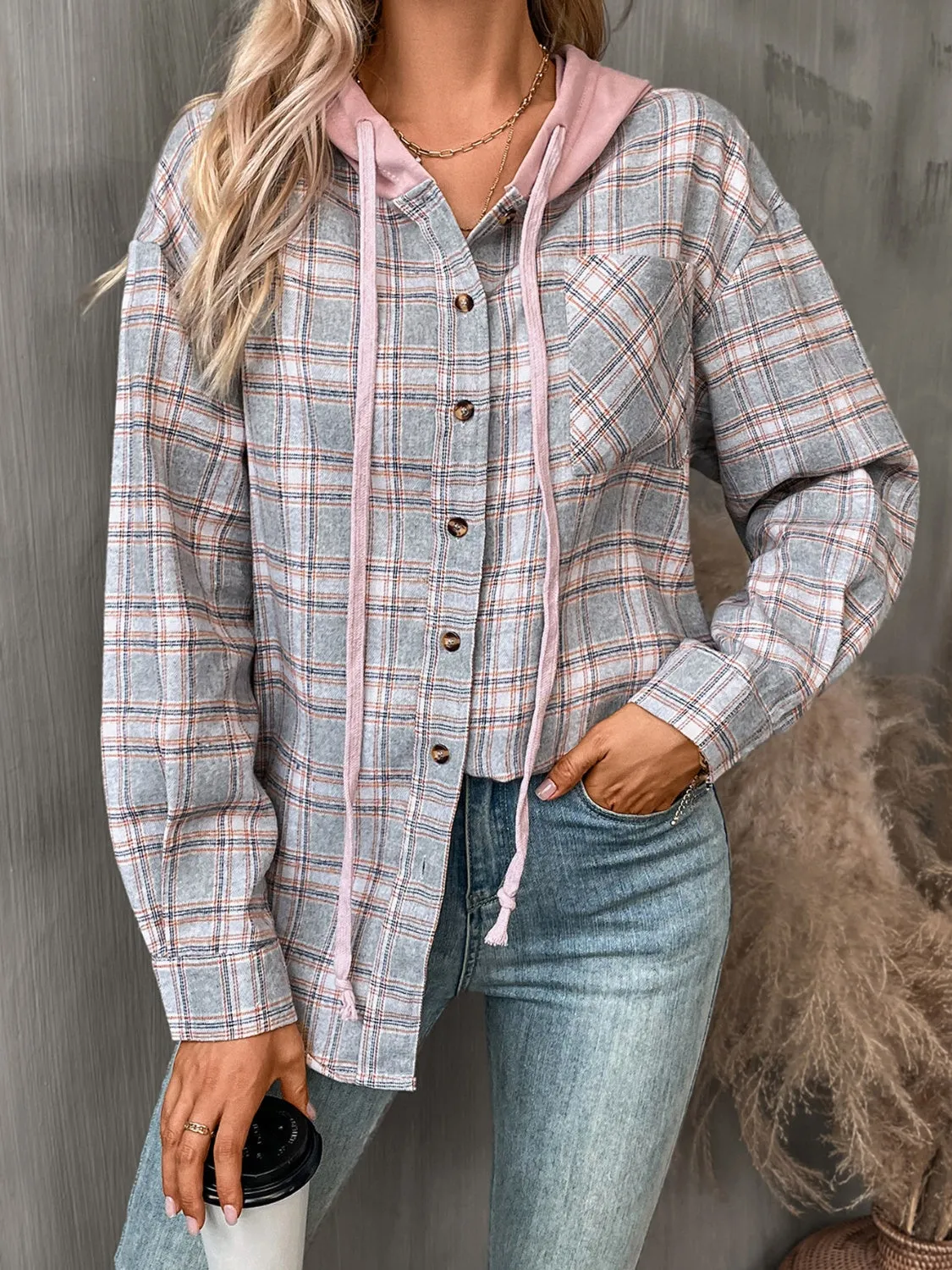 Plaid Long Sleeve Hooded Jacket - 5 Colors