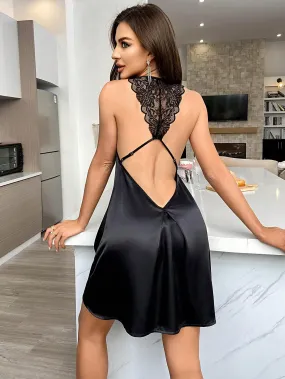 SHEIN Contrast Lace Cut Out Backless Satin Cami Nightdress