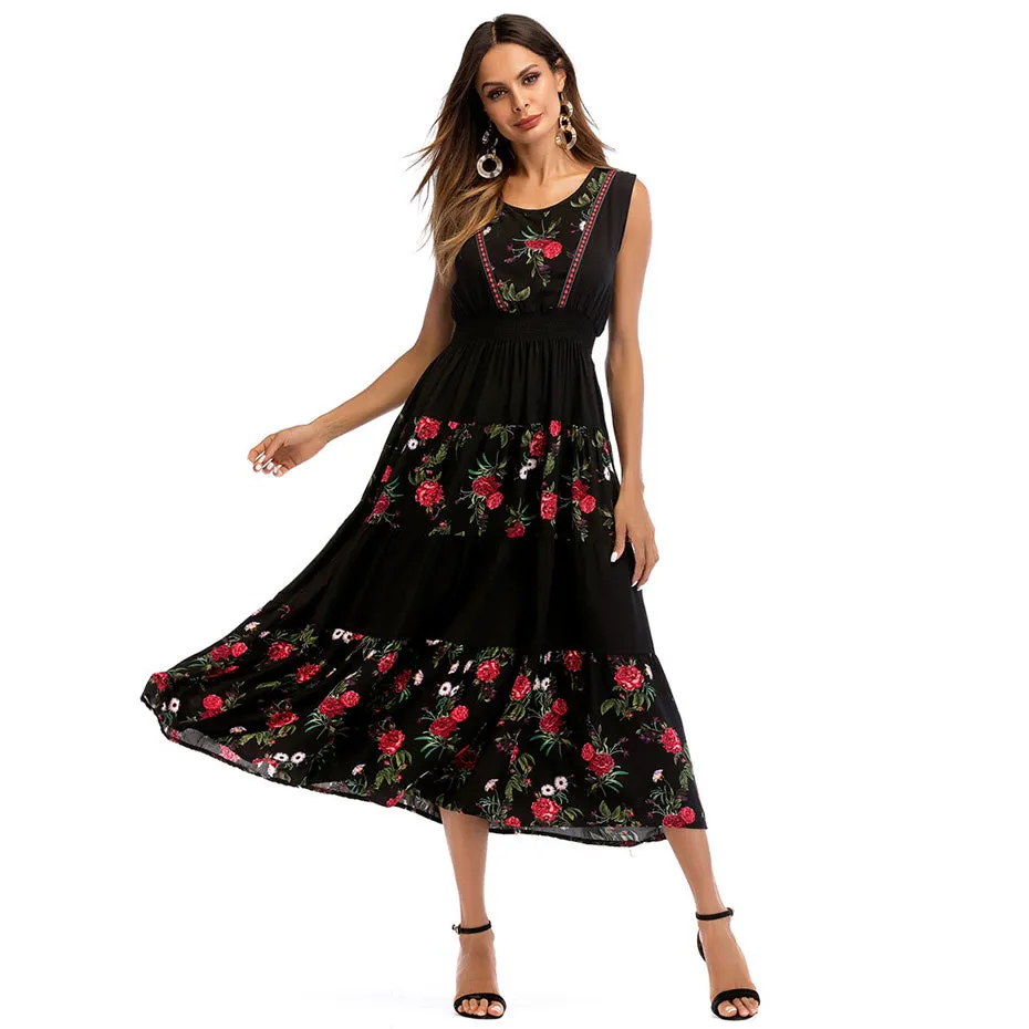 Sleeveless Floral Print Vintage Bohemian Dress