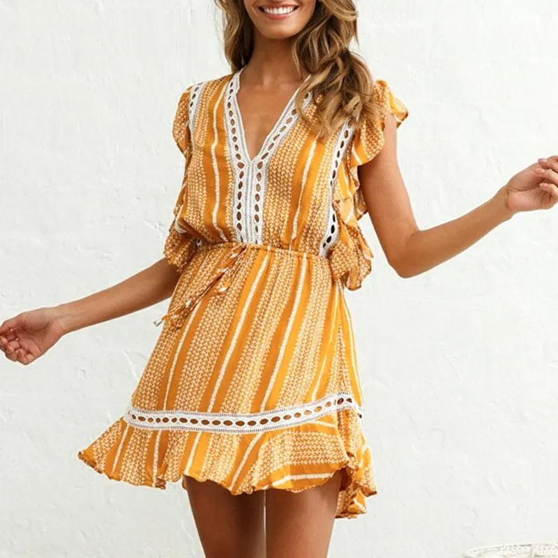 Sleeveless Floral Ruffled High Waist Summer Cotton Boho Dress
