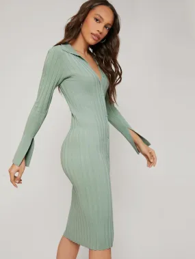 Split Sleeve Button Front Rib-Knit Viscose Slim Fit Sweater Dress