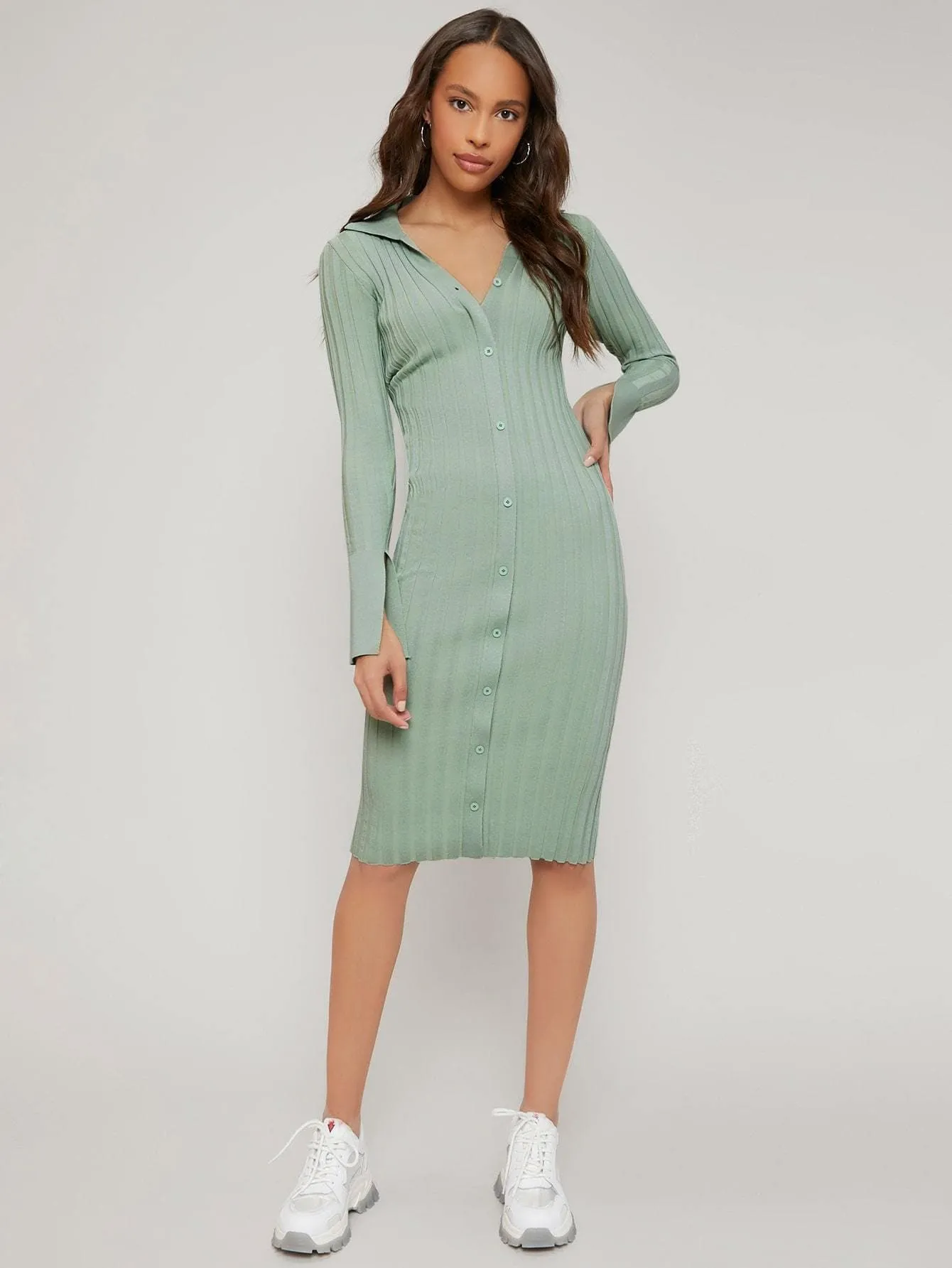 Split Sleeve Button Front Rib-Knit Viscose Slim Fit Sweater Dress