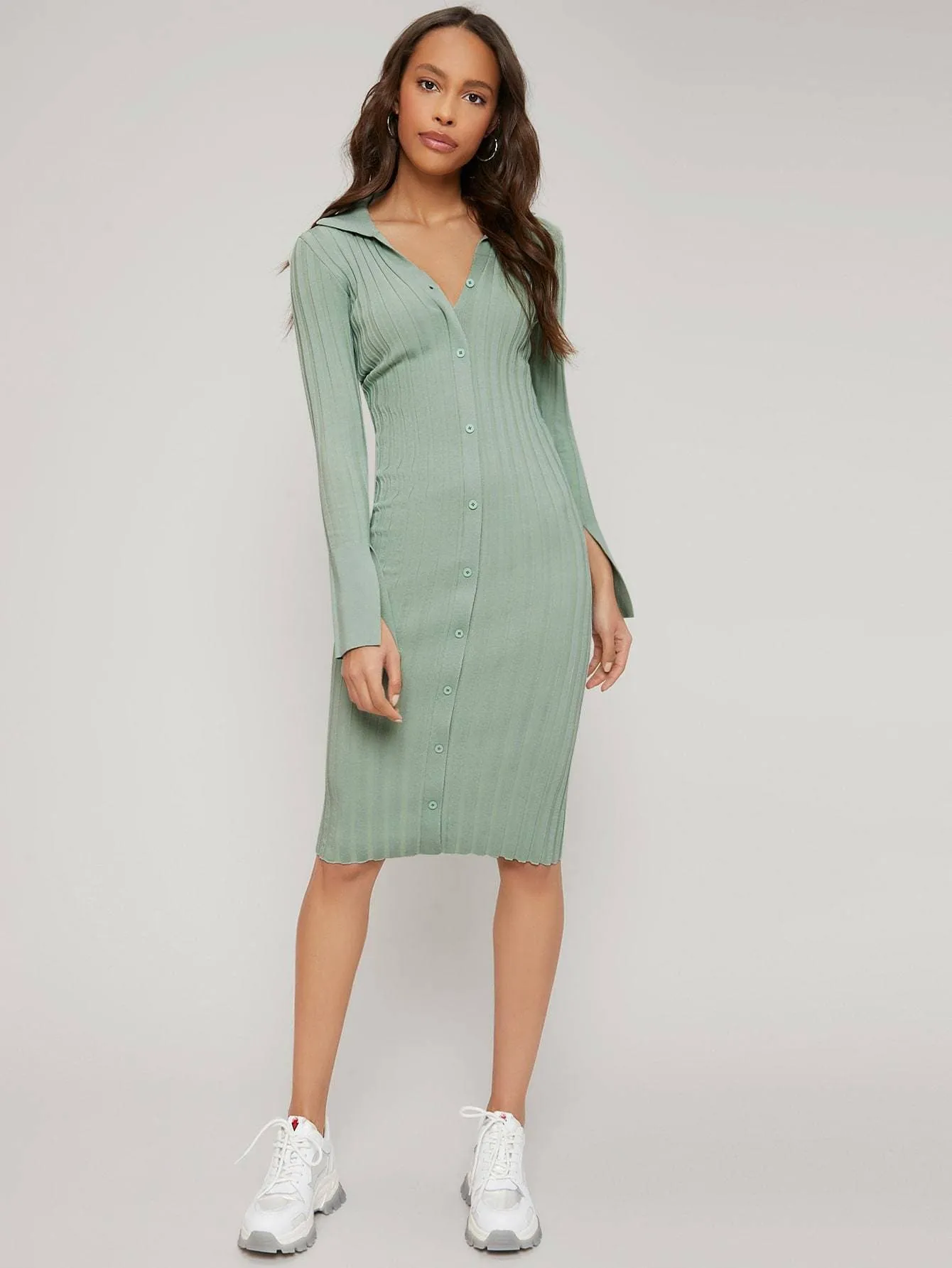 Split Sleeve Button Front Rib-Knit Viscose Slim Fit Sweater Dress