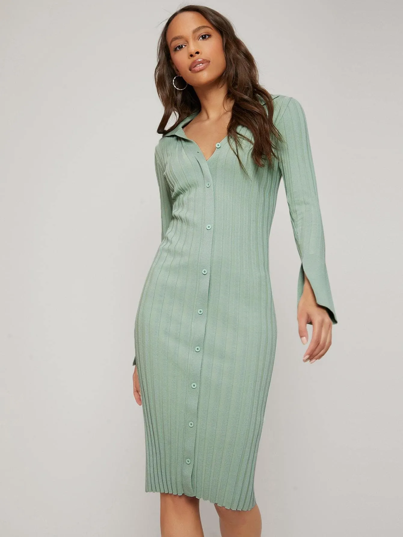 Split Sleeve Button Front Rib-Knit Viscose Slim Fit Sweater Dress