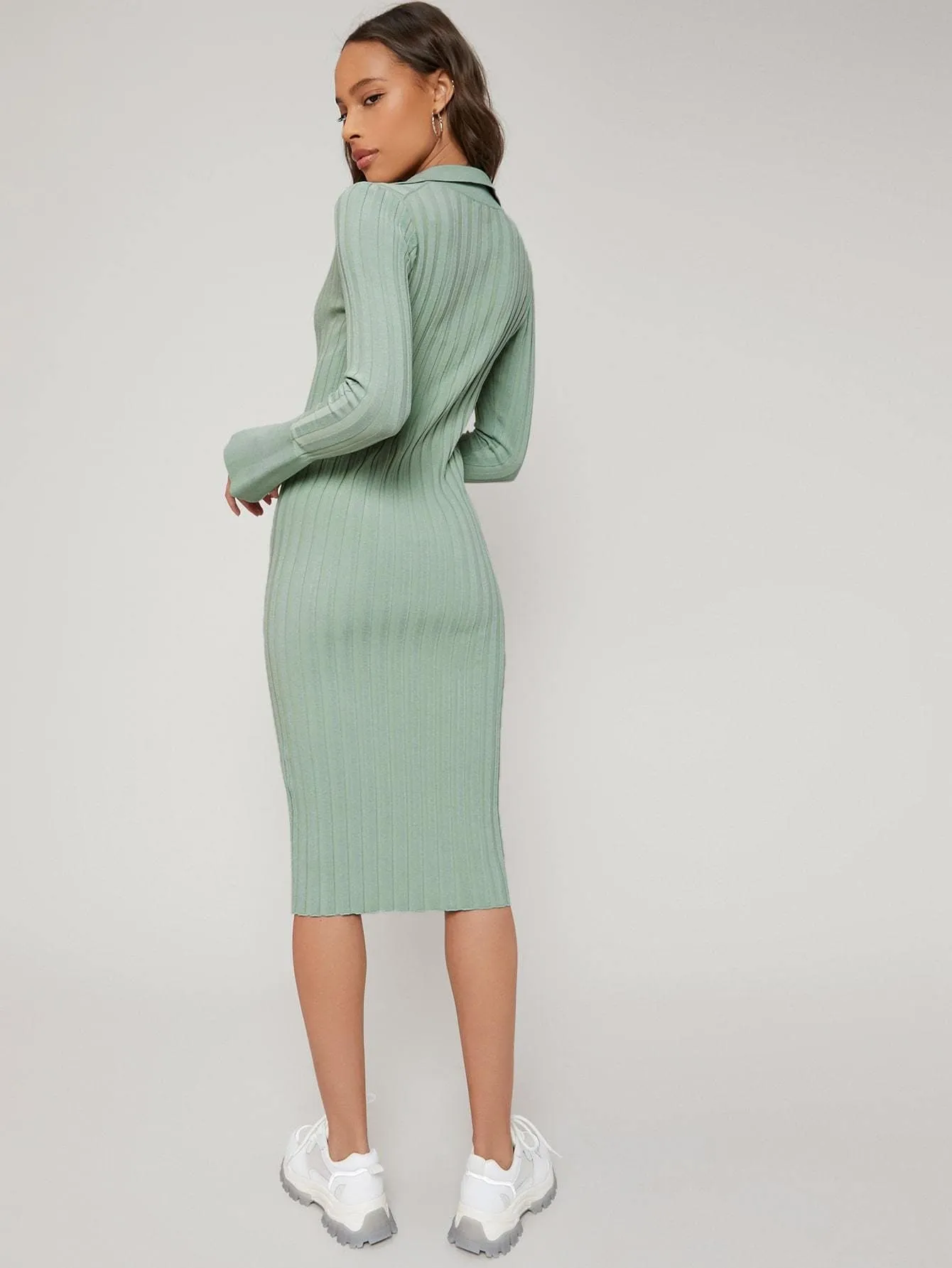 Split Sleeve Button Front Rib-Knit Viscose Slim Fit Sweater Dress