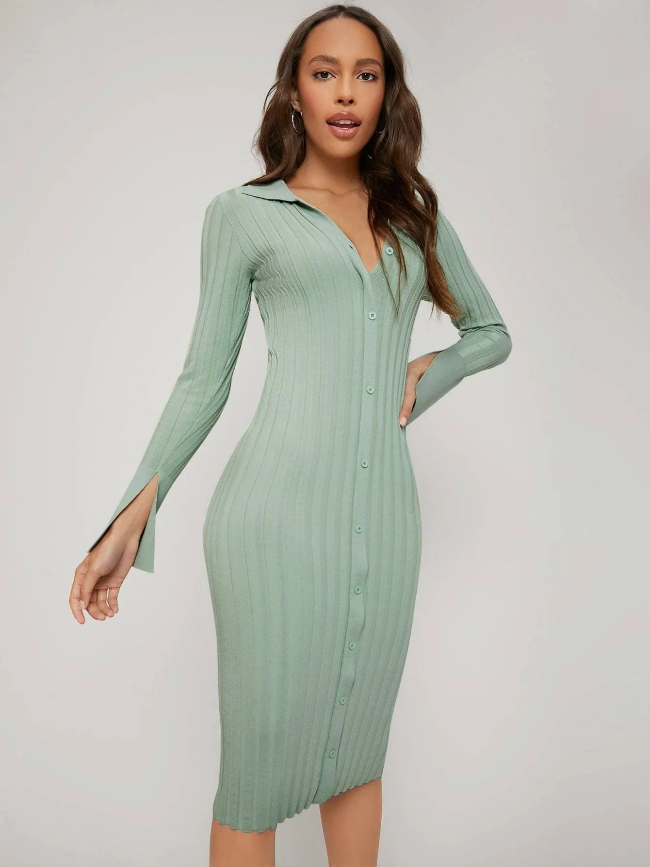 Split Sleeve Button Front Rib-Knit Viscose Slim Fit Sweater Dress