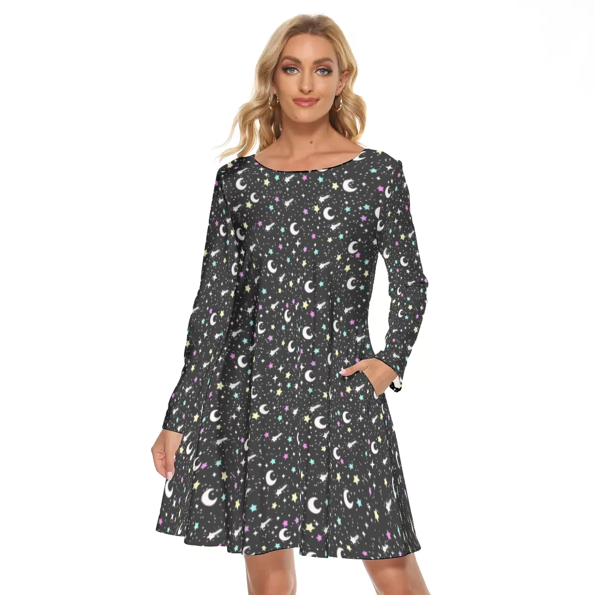 Starry Glitter Black Women's Long Sleeve Crew Neck Dress