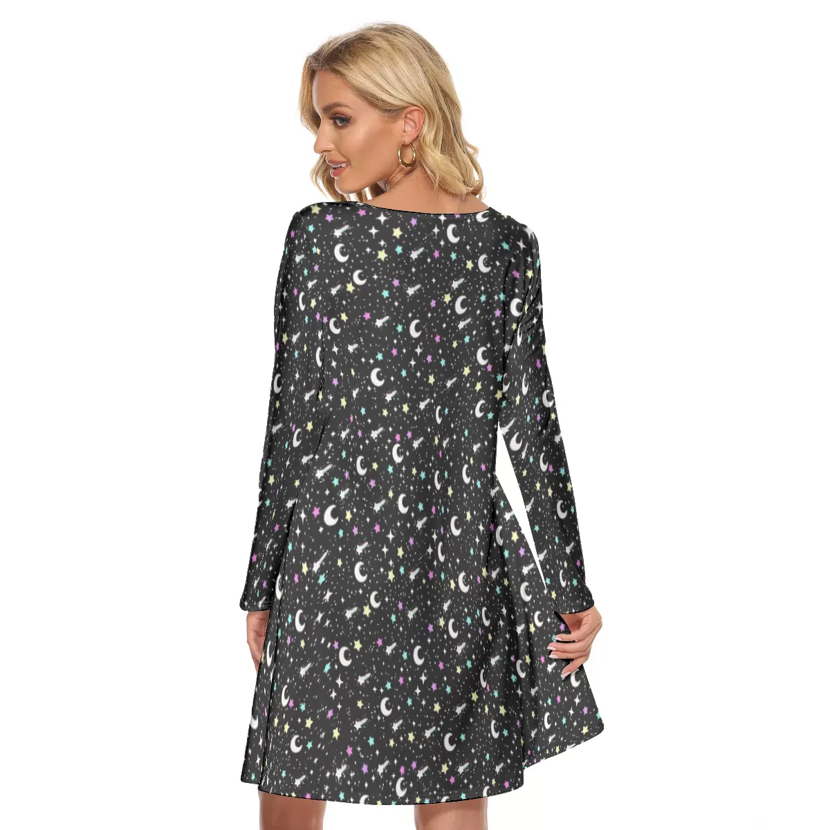 Starry Glitter Black Women's Long Sleeve Crew Neck Dress