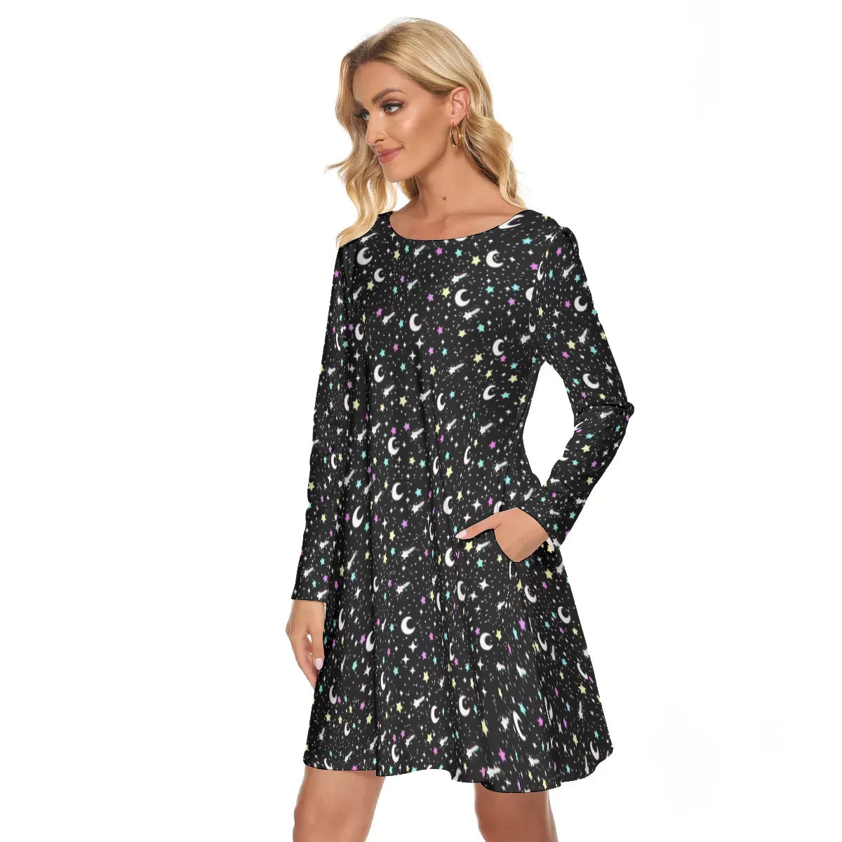Starry Glitter Black Women's Long Sleeve Crew Neck Dress